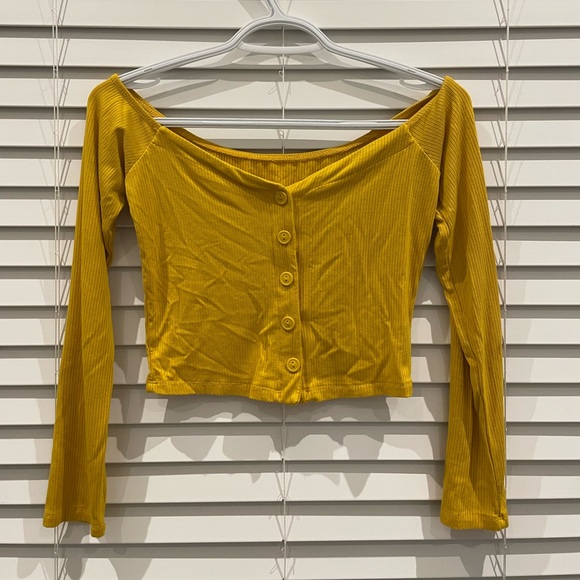 Mustard Yellow Long Sleeve Cropped Off The Shoulder Button Up Shirt - Picture 1 of 1